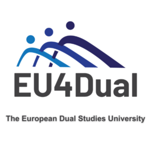 Das Logo von EU4Dual zeigt stilisierte Figuren, die zusammenarbeiten, um duale Studien zu symbolisieren.