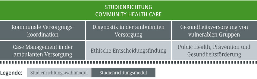 Die Grafik zeigt verschiedene Module im Bereich Community Health Care, einschließlich ethischer Entscheidungsfindung und Diagnostik.