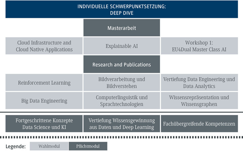 Eine Übersicht über individuelle Schwerpunkte in der Masterarbeit, einschließlich Cloud-Anwendungen und erklärbarer KI.
