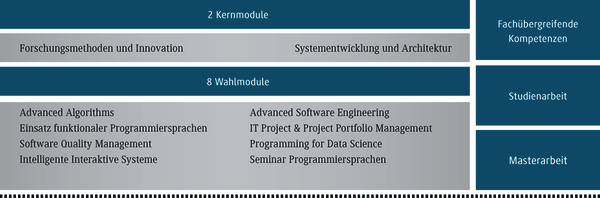 Die Tabelle zeigt verschiedene Module eines Studienprogramms, darunter Kern- und Wahlmodule sowie Abschlussarbeiten.