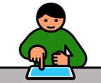 Piktogramm mit Person mit grünem Oberteil tippt mit einem Finger auf ein blaues Tablet auf einem Tisch