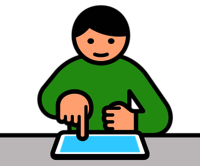 Piktogramm mit Person mit gr&uuml;nem Oberteil tippt mit einem Finger auf ein blaues Tablet auf einem Tisch