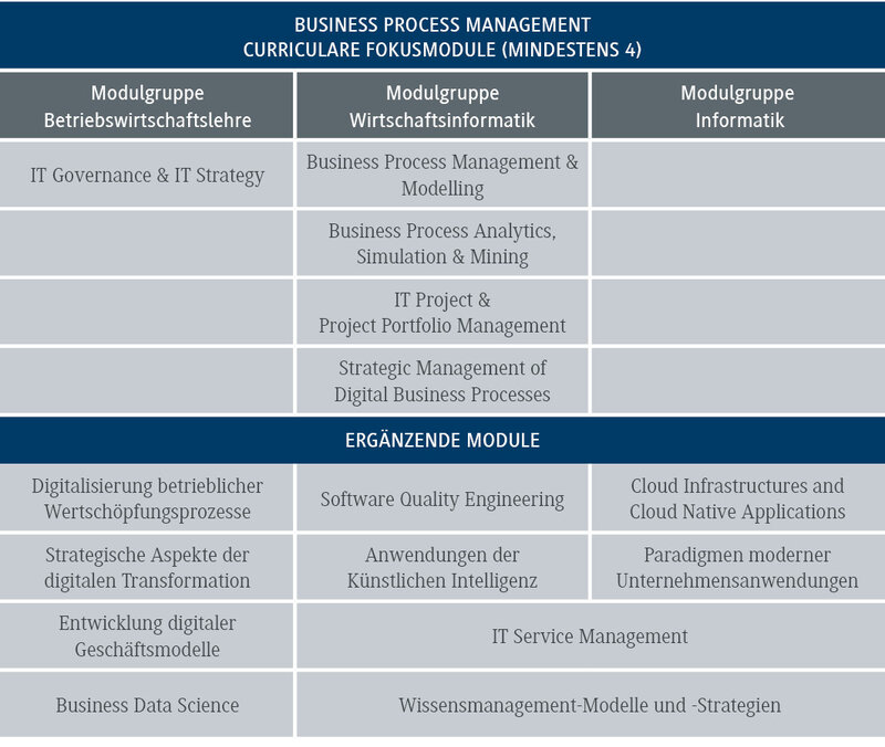 Das Diagramm zeigt die Module für Business Process Management, unterteilt in Betriebswirtschaftslehre und Wirtschaftsinformatik.