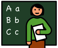Piktogramm mit Person mit gr&uuml;nem Pullover h&auml;lt ein wei&szlig;es Blatt vor einer Tafel mit den Buchstaben 'A B C' in wei&szlig;er Schrift
