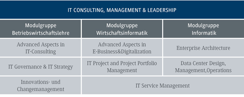 Eine Tabelle zeigt verschiedene Module im Bereich IT-Consulting, unterteilt in Betriebswirtschaftslehre, Wirtschaftsinformatik und Informatik.