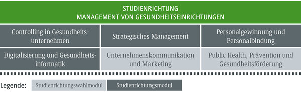 Die Grafik zeigt verschiedene Studienrichtungen im Gesundheitsmanagement, darunter Controlling und strategisches Management.