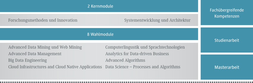 Die Grafik zeigt eine Übersicht über Studienmodule, einschließlich Kern- und Wahlmodule in einem akademischen Programm.