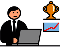 Piktogramm mit Person im Anzug vor Laptop, daneben goldener Pokal und Bildschirm mit rotem Aufw&auml;rtstrend