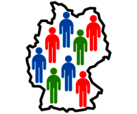 Umriss von Deutschland mit stilisierten Figuren in Rot, Blau und Gr&uuml;n verteilt &uuml;ber die Fl&auml;che