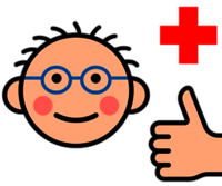 Piktogramm mit Gesicht mit blauen Brillengl&auml;sern, roten Wangen, schwarzem Haar, daneben rotes Kreuz und Hand mit Daumen hoch