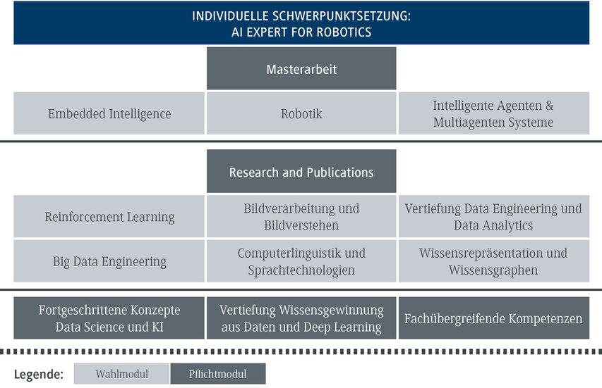 Eine Übersicht über individuelle Schwerpunkte im Bereich KI und Robotik, einschließlich Masterarbeit und Forschungsbereiche.