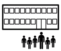 Piktogramm mit Geb&auml;ude und stilisierten Personen darunter in unterschiedlicher Gr&ouml;&szlig;e