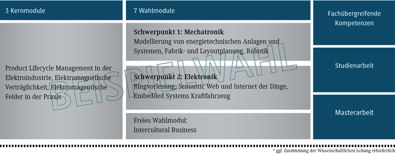 Drei Kernmodule und sieben Wahlmodule werden in einem strukturierten Layout für ein Studienprogramm präsentiert.