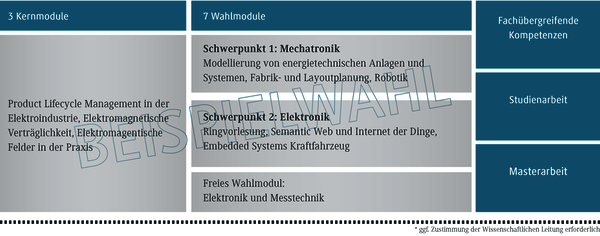 Drei Kernmodule und sieben Wahlmodule werden in einem strukturierten Layout f&uuml;r ein Studienprogramm pr&auml;sentiert.