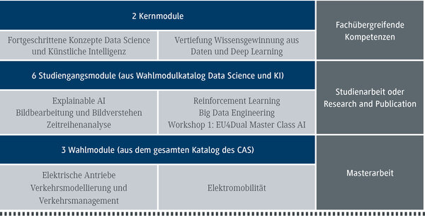 Das Diagramm zeigt die Struktur eines Studienprogramms mit Kernmodulen und Wahlmodulen in Data Science und KI.