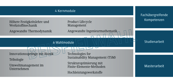 Eine &Uuml;bersicht von Studienmodulen, die Kern- und Wahlmodule in Ingenieurwissenschaften darstellen, mit klaren Bezeichnungen.