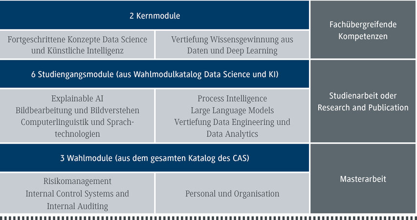 Die Tabelle zeigt verschiedene Module für einen Studiengang in Data Science und Künstlicher Intelligenz.