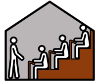 Piktogramm mit vier stilisierten Figuren in einem Raum, drei sitzen auf Treppenstufen, eine steht unten.