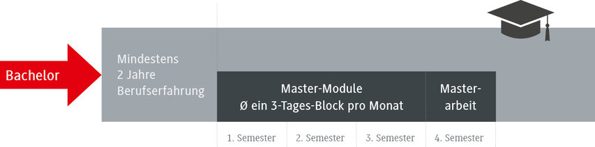 Ein Diagramm zeigt die Voraussetzungen für einen Masterabschluss, einschließlich Bachelor und Berufserfahrung.