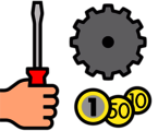 Piktogramm mit Hand und rotem Schraubendreher, graues Zahnrad und drei Münzen