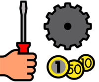 Piktogramm mit Hand und rotem Schraubendreher, graues Zahnrad und drei M&uuml;nzen