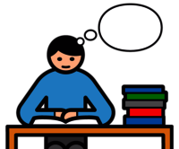Piktogramm mit Person, die am Tisch sitzt und in einem Buch liest, daneben Stapel bunter B&uuml;cher, Sprechblase ohne Text
