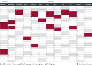 Ein detaillierter Studienplan zeigt die Vorlesungstage f&uuml;r jedes Modul im ersten und zweiten Semester &uuml;ber die Monate hinweg.