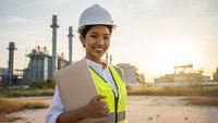 Berufstätige Frau in Schutzkleidung auf einer Baustelle