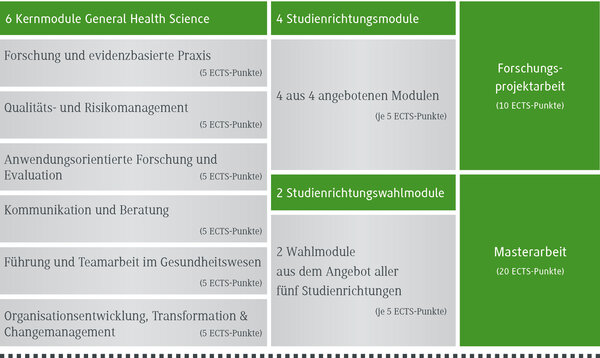 Die Tabelle zeigt die Struktur eines Studienprogramms im Bereich Gesundheitswissenschaften mit verschiedenen Modulen und ECTS-Punkten.