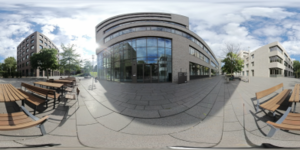 Blick aufs Gebäude durch Froschaugenobjektiv