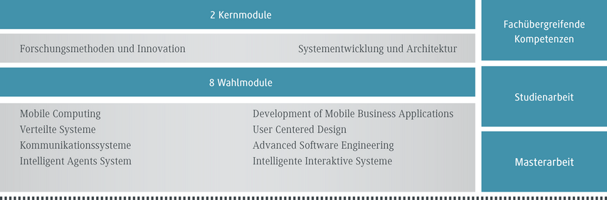 Zwei Kernmodule umfassen Forschungs- und Innovationsmethoden sowie Systementwicklung und Architektur in einem Studienplan.