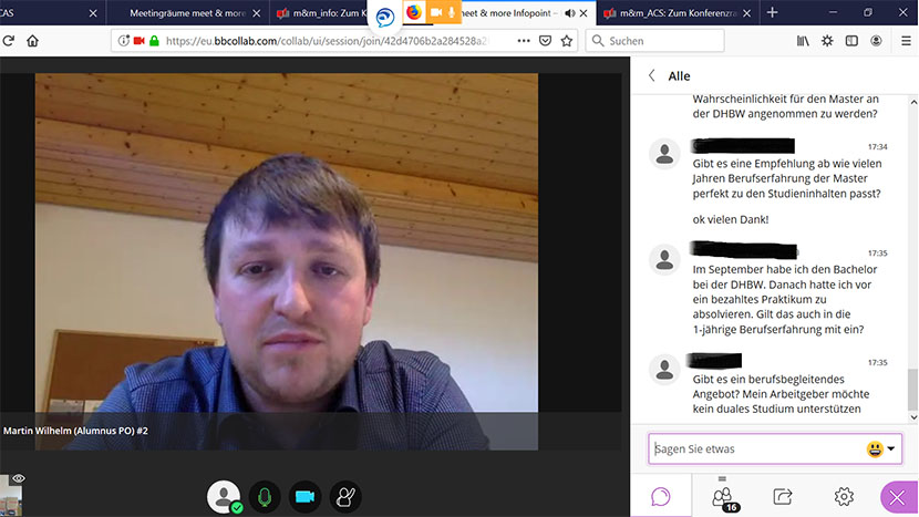 Alumnus Martin Wilhelm im Chat während des meet & more online. Quelle: DHBW CAS